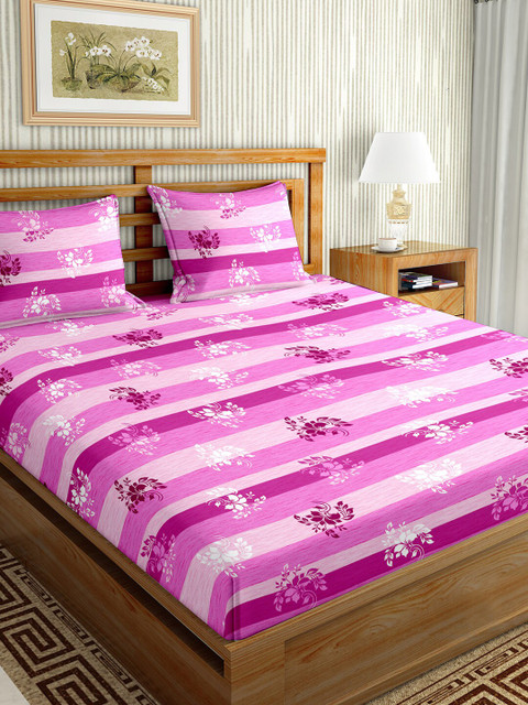 

BELLA CASA Pink & Magenta Striped 180 TC King Bedsheet with 2 Pillow Covers
