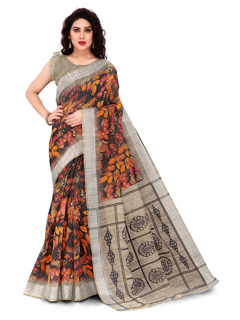 

KALINI Black & Orange Floral Printed Saree