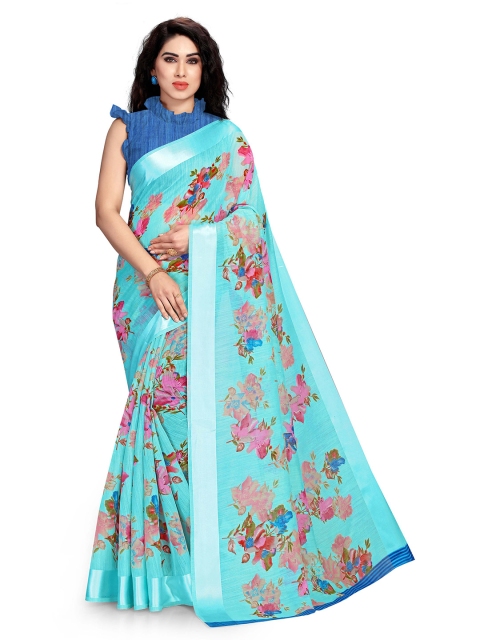KALINI Turquoise Blue & Pink Floral Bagh Saree