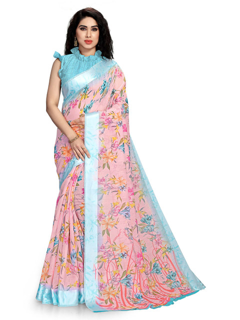 

KALINI Pink & Blue Floral Printed Saree