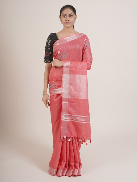 Pothys Pink & Grey Embellished Zari Linen Blend Saree