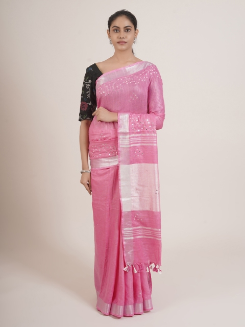 

Pothys Pink & Silver-Toned Embellished Mirror Work Linen Blend Saree