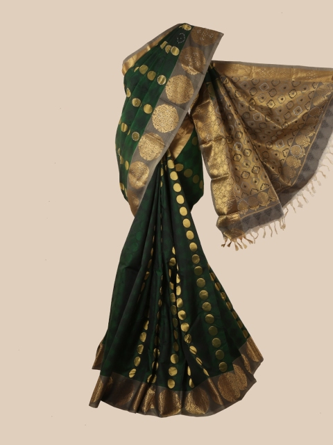 

Pothys Green & Gold-Toned Ethnic Motifs Zari Pure Silk Kanjeevaram Saree