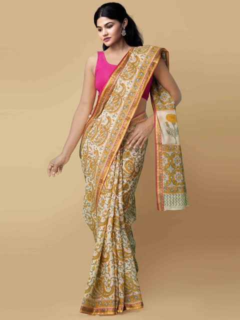 

Unnati Silks Cream-Coloured & Yellow Woven Design Pure Cotton Block Print Saree