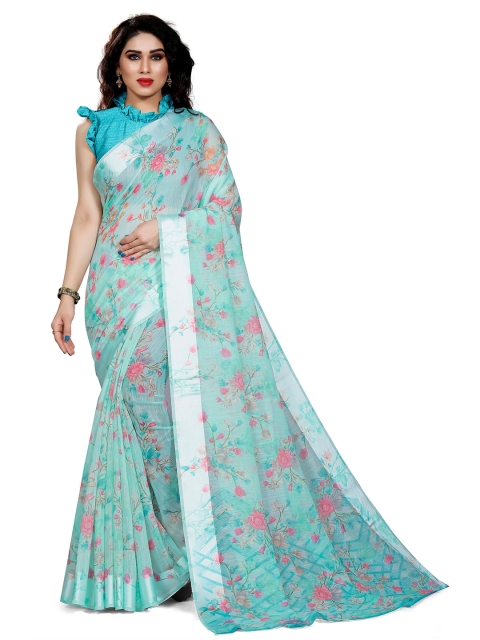 

KALINI Turquoise Blue & Pink Floral Bagh Saree