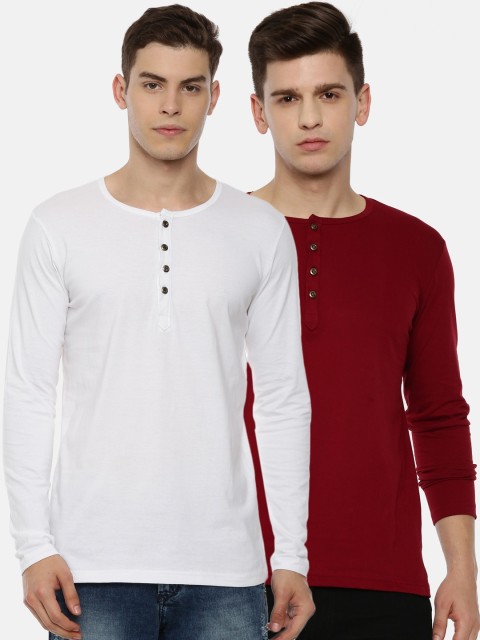 

KAY DEE Pack Of 2 Men White & Maroon Henley Neck Slim Fit T-shirt