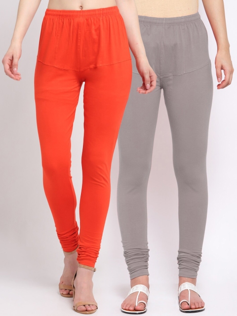 KLOTTHE Women Pack Of 2 Grey & Orange Cotton Churidar-Length Leggings