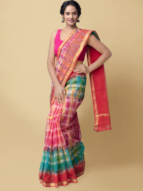 

Unnati Silks Pink & Turquoise Blue Tie and Dye Pure Cotton Kota Saree