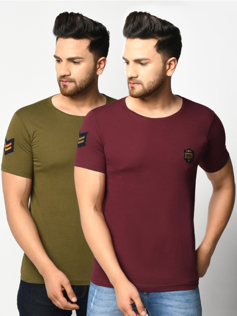 

ELEGANCE Men Pack Of 2 Olive Green & Maroon Applique T-shirt
