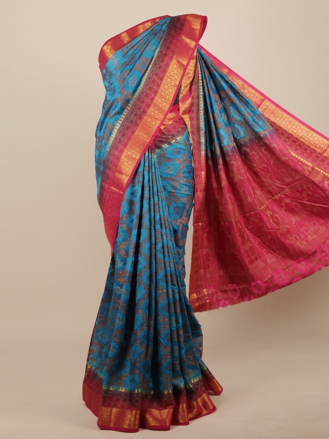 

Pothys Turquoise Blue & Pink Floral Jute Silk Saree