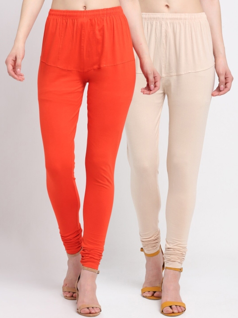 

KLOTTHE Women Pack Of 2 Solid Churidar-Length Cotton Leggings, Orange