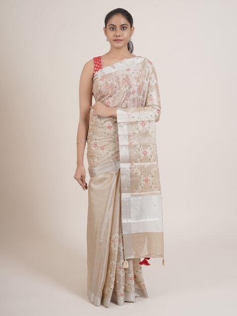 

Pothys Cream & Peach-Coloured Embellished Zari Tissue Saree