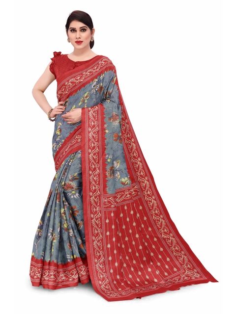 

KALINI Grey & Red Ethnic Motifs Art Silk Bagh Saree