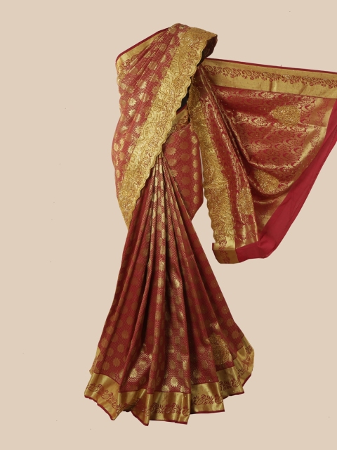 

Pothys Maroon & Gold-Toned Floral Beads and Stones Pure Silk Kanjeevaram Saree