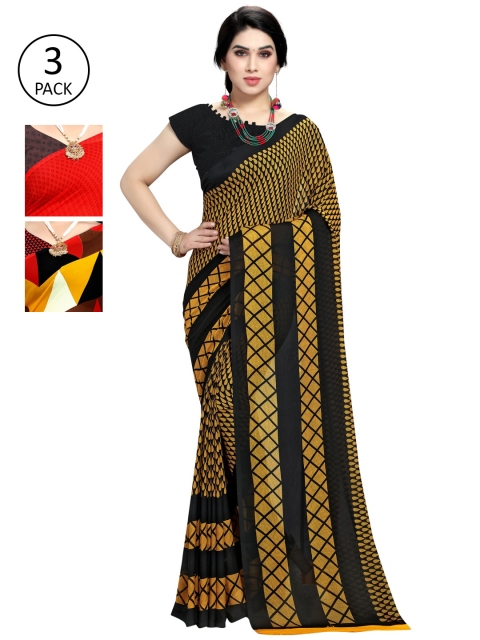

KALINI Pack of 3 Poly Georgette Saree, Red