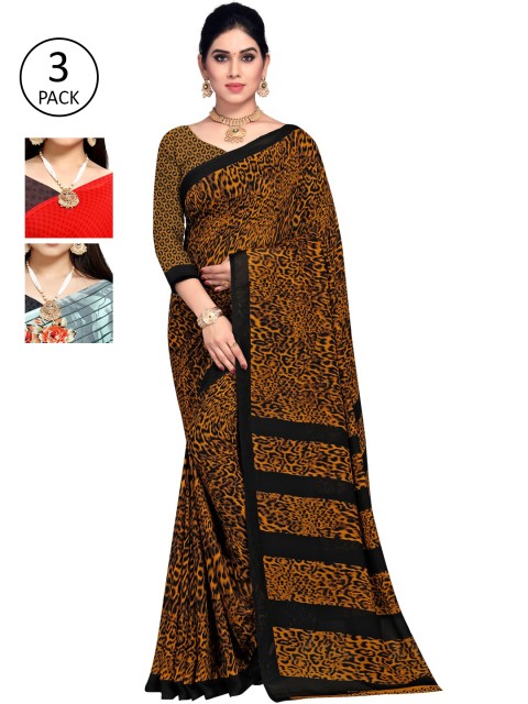 

KALINI Pack of 3 Printed Poly Geogrette Sarees, Yellow
