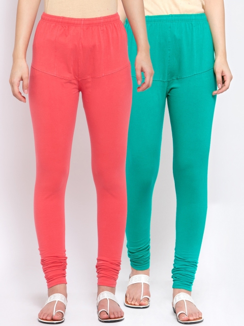 

KLOTTHE Women Pack of 2 Solid Cotton Churidar-Length Leggings, Peach