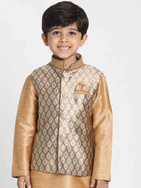 

VASTRAMAY Boys Gold-Coloured Woven Design Slim-Fit Nehru Jacket