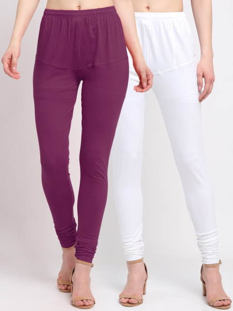 

KLOTTHE Women Pack Of 2 Purple & White Cotton Churidar-Length Leggings