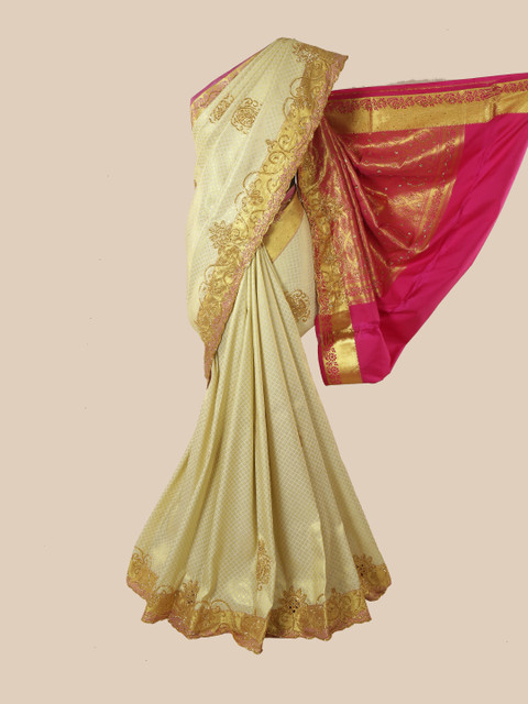

Pothys Cream-Coloured & Pink Woven Design Zari Pure Silk Kanjeevaram Saree