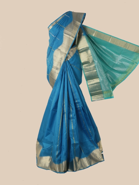 

Pothys Blue & Gold-Toned Striped Zari Pure Silk Saree