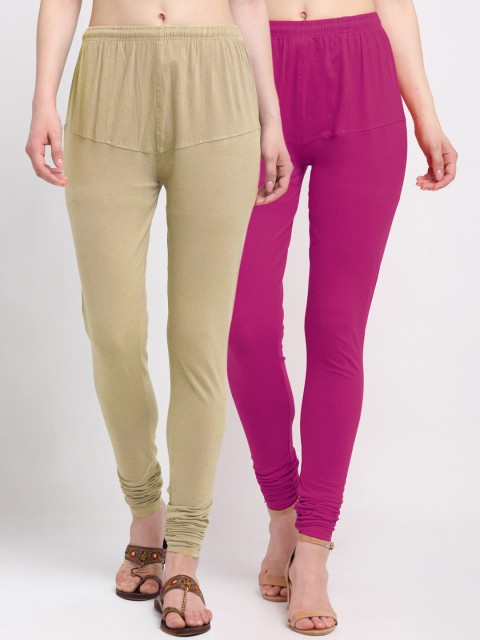 

KLOTTHE Women Pack of 2 Solid Cotton Churidar-Length Leggings, Magenta