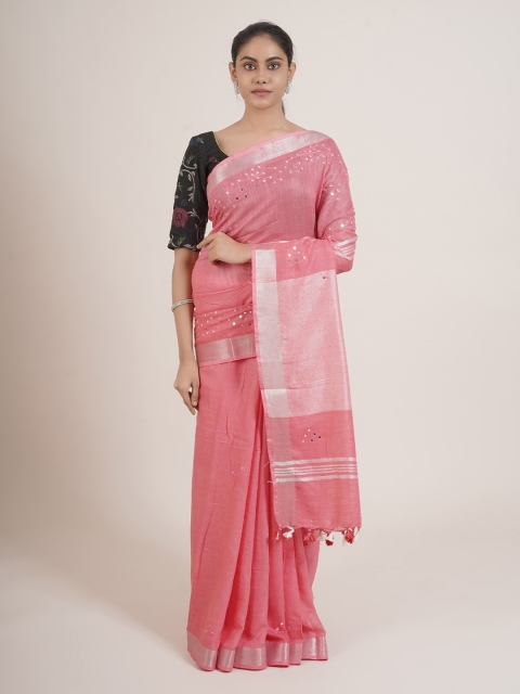 

Pothys Pink & Silver-Toned Embellished Mirror Work Linen Blend Saree