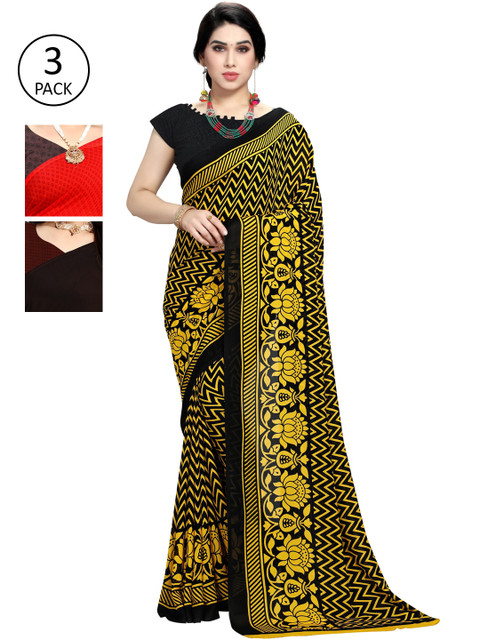 

KALINI Pack of 3 Poly Georgette Sarees, Red