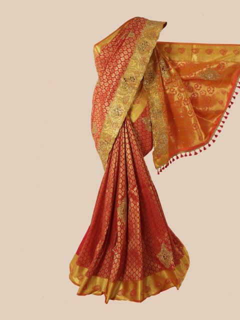 

Pothys Red & Gold-Toned Ethnic Motifs Zari Pure Silk Kanjeevaram Saree