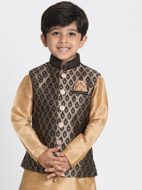 

VASTRAMAY Boys Brown & Black Woven Design Slim-Fit Nehru Jacket
