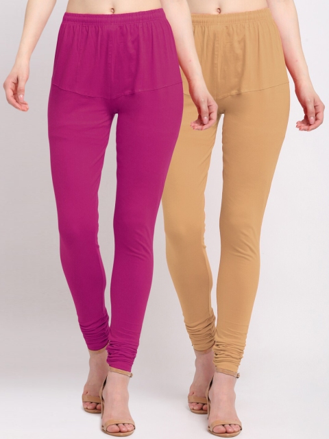 

KLOTTHE Women Pack of 2 Magenta & Beige Cotton Churidar-Length Leggings