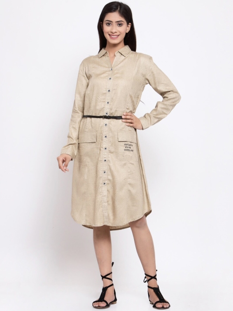 

TERQUOIS Beige Self-Design Knee-Length Shirt Dress