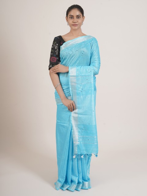 

Pothys Blue & Silver-Coloured Mirror Work Linen Blend Saree