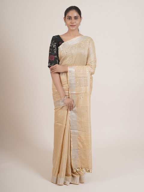 

Pothys Cream-Coloured & Silver-Toned Mirror Work Linen Blend Saree