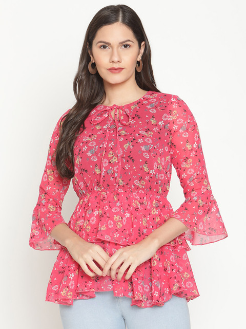 

THREAD MUSTER Pink Floral Bell Sleeve Chiffon Cinched Waist Top