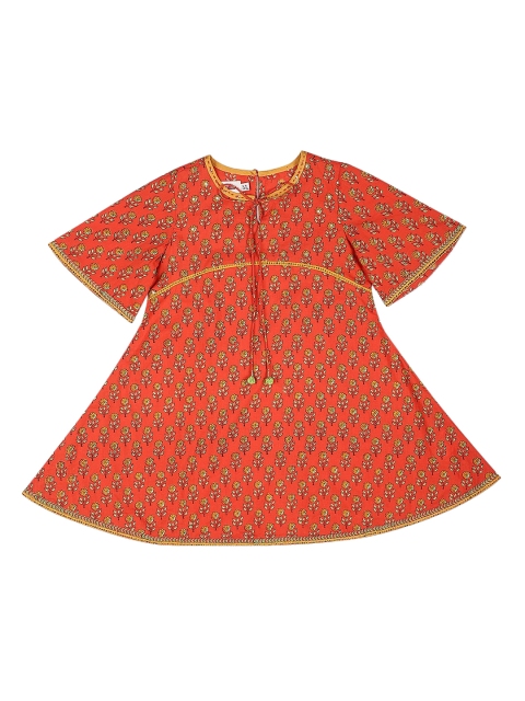 

Fabindia Girls Rust Orange & Yellow Floral Print Cotton A-Line Kurta