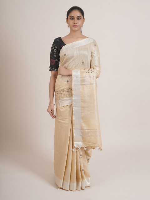 

Pothys Cream-Coloured & Brown Floral Zari Cotton Blend Saree