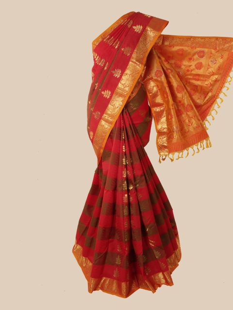

Pothys Red & Gold-Toned Striped Beads and Stones Pure Silk Kanjeevaram Saree