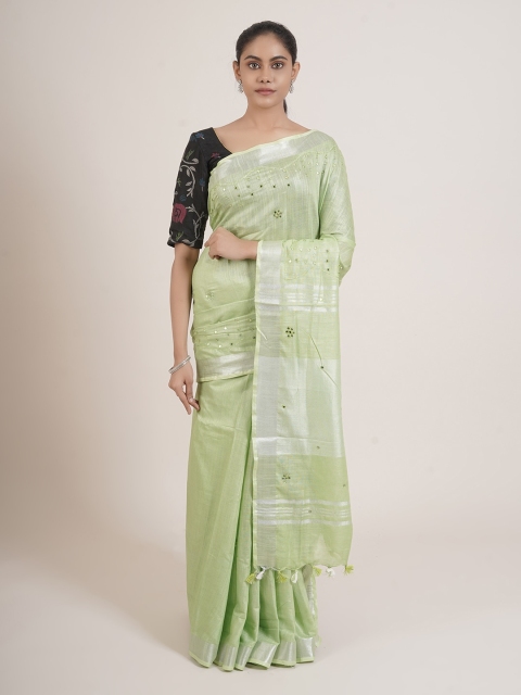 

Pothys Green & Silver-Toned Embellished Mirror Work Linen Blend Saree