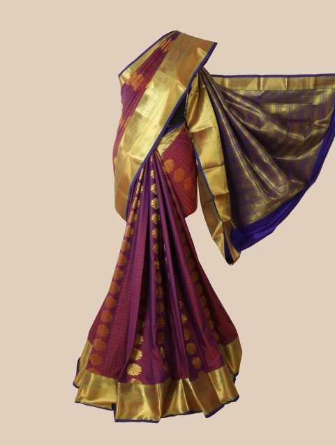 

Pothys Purple & Gold-Toned Ethnic Motifs Zari Pure Silk Kanjeevaram Saree