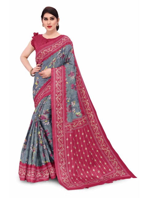 

KALINI Grey & Pink Floral Art Silk Bagh Saree