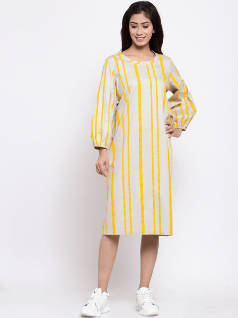 

TERQUOIS Cream Coloured & Yellow Striped A-Line Dress