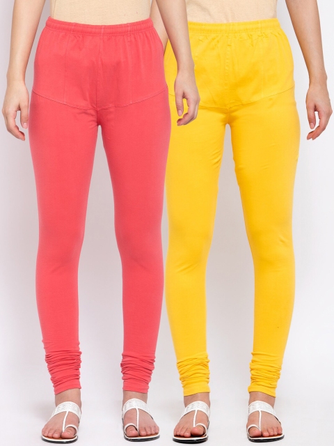 

KLOTTHE Women Pack of 2 Peach & Yellow Cotton Churidar-Length Leggings