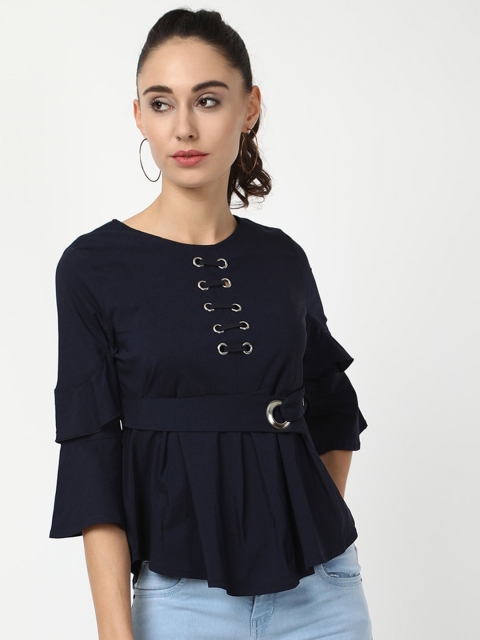 

V2 Value & Variety Navy Blue Bell Sleeve Cinched Waist Top
