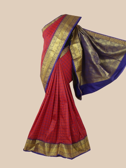 

Pothys Red & Blue Checked Zari Pure Silk Kanjeevaram Saree