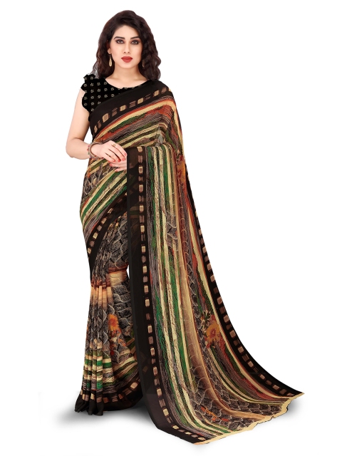 

KALINI Brown & Yellow Striped Printed Saree