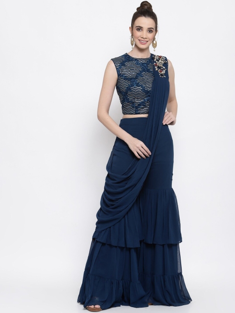 

KHALOM Women Blue Sequined Croptop with Sharara & Attached Dupatta