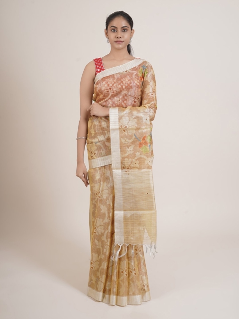 Pothys Brown & Green Ethnic Motifs Tissue Saree