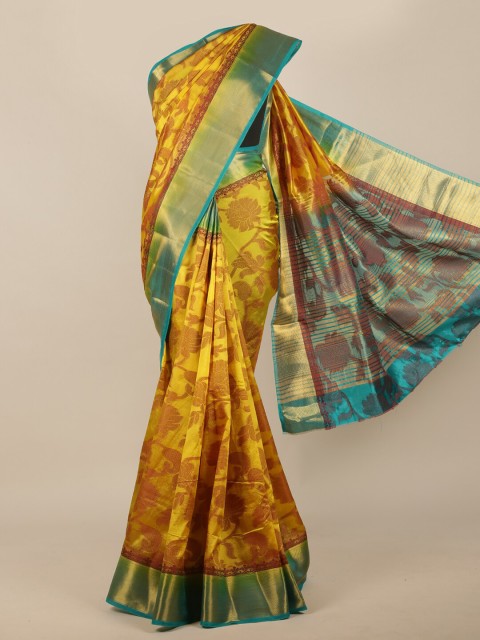 

Pothys Yellow & Maroon Floral Zari Jute Silk Saree