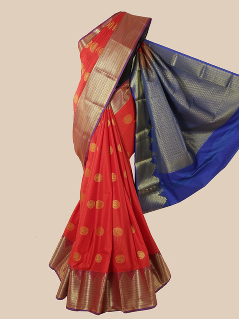 

Pothys Red & Blue Ethnic Motifs Zari Pure Silk Kanjeevaram Saree